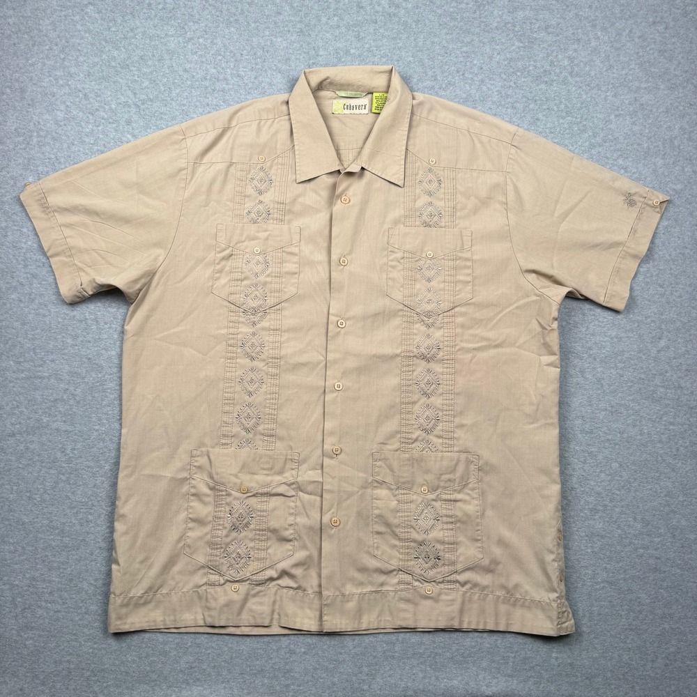Cubavera Mens Tan Khaki Guayabera Short Sleeve Embroidered Button Down Shirt L